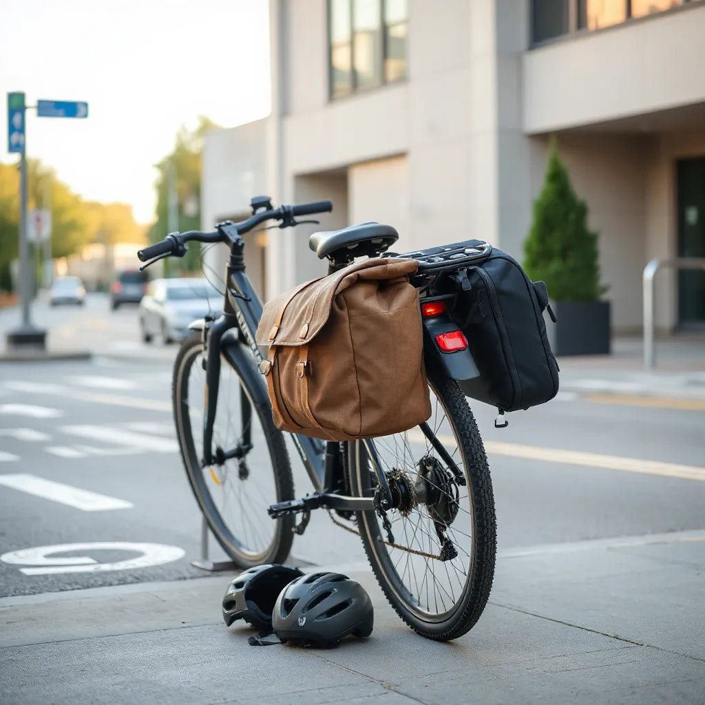 Cykel med bakmonterade cykelväskor vid en pendlarstig i stadsmiljö, med hjälm och liten datorväska i närheten