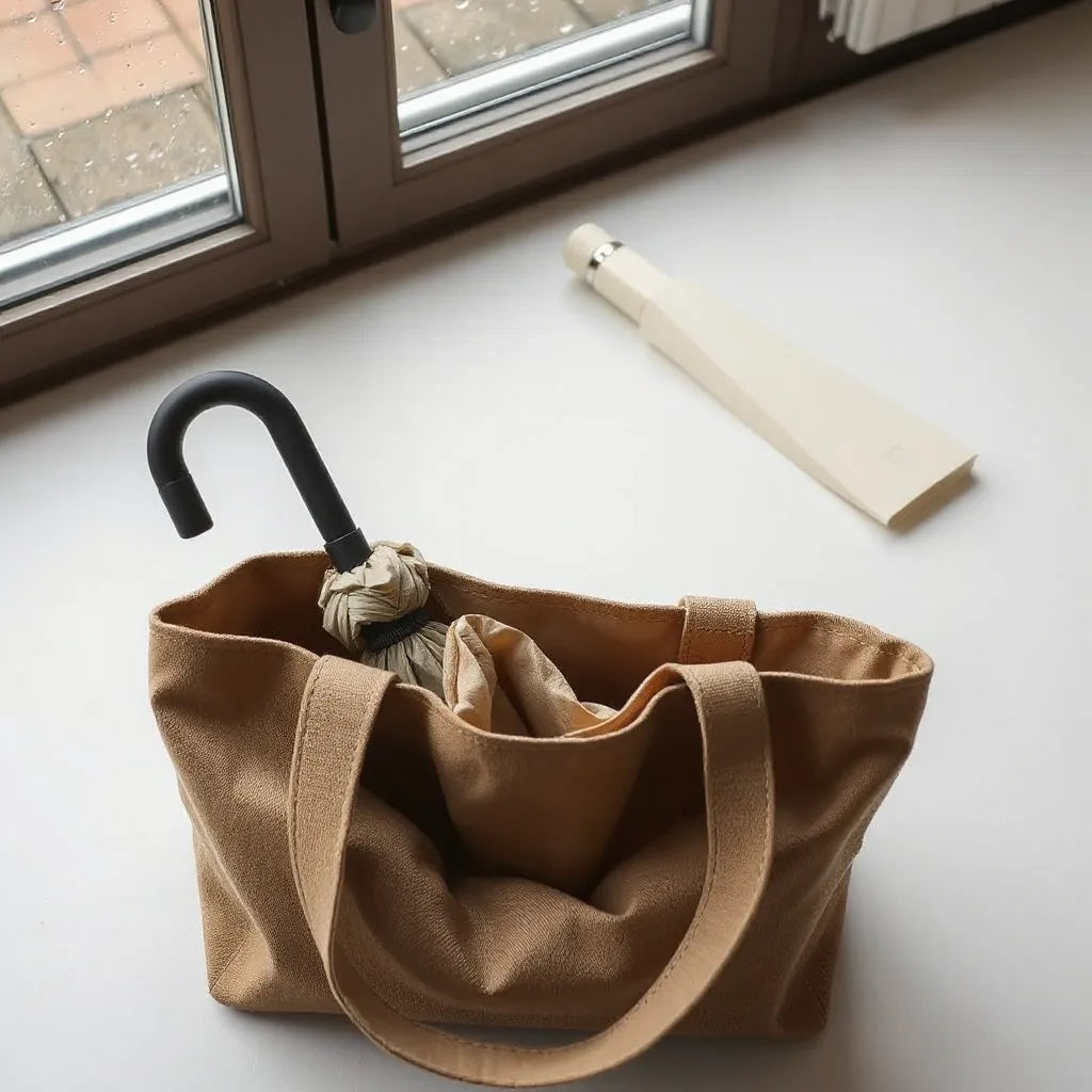 Kompakt paraply nerpackat i en öppen handväska, med mjuka regndroppar i bakgrunden