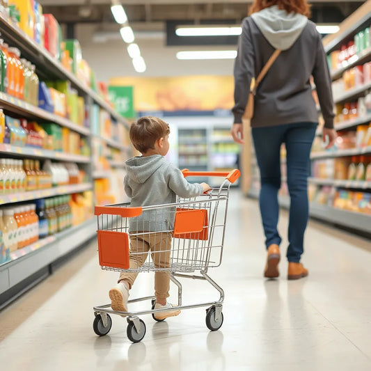 Ett barn som kör en liten shoppingvagn i en livsmedelsbutik med en vuxen i närheten