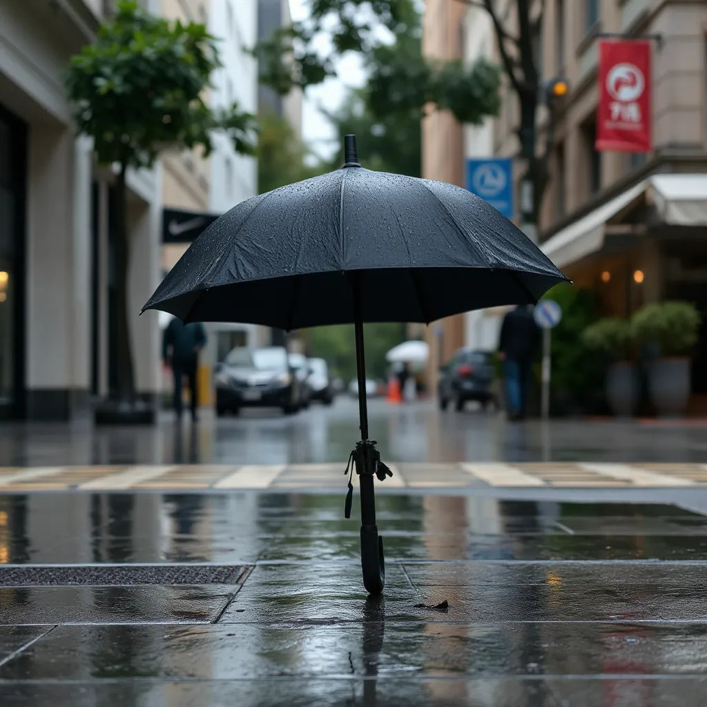 Svart paraply på blöt trottoar i stilla regn, med tydliga vattendroppar på tyget