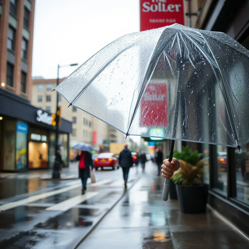 Stängt och öppet funktionellt paraply som står emot regn på en blöt gata