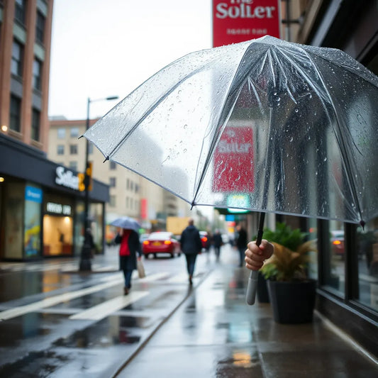 Stängt och öppet funktionellt paraply som står emot regn på en blöt gata