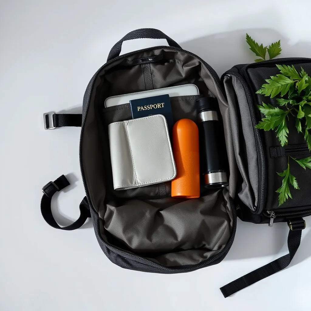 Modern smart ryggsäck med organiserade fack och plats för laptop samt reseaccessoarer på neutral bakgrund