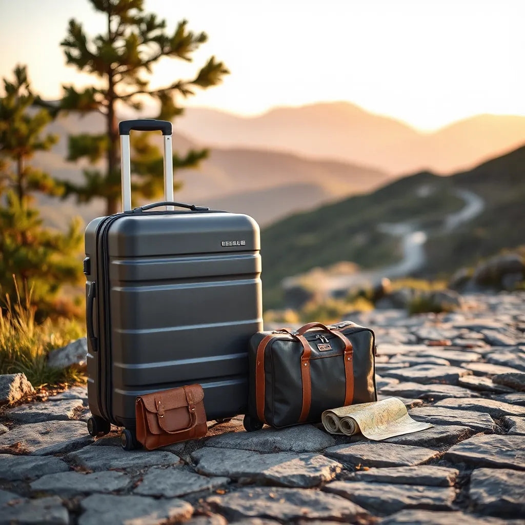 Hård resväska och mindre handbagage på väg mot fjällstig under klar solnedgång