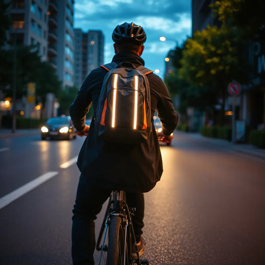 Cykelryggsäck med reflex på en cyklist i skymningsljus på stadsgata