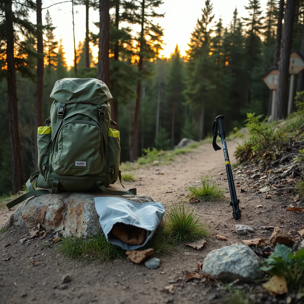 Vandringsryggsäck på en stig i skogen med vandringsstavar i bakgrunden