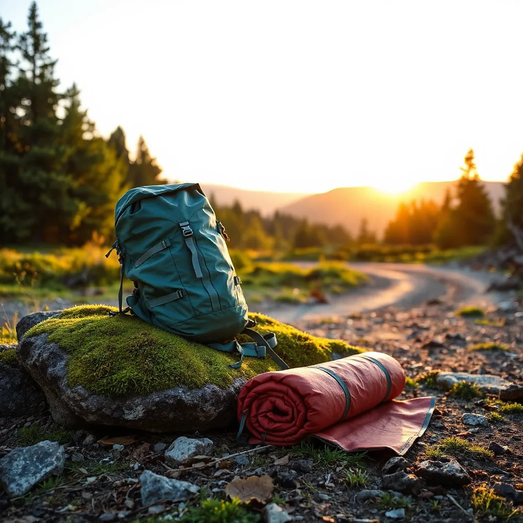 Fjäderlätt vandringsryggsäck på en sten vid stig, med packad lätt utrustning i förgrunden
