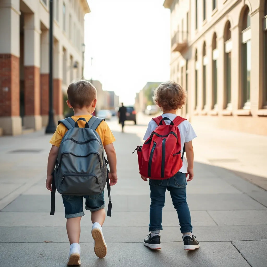 Barn med välpassade skolryggsäckar med ergonomiska axelremmar på väg till skolan