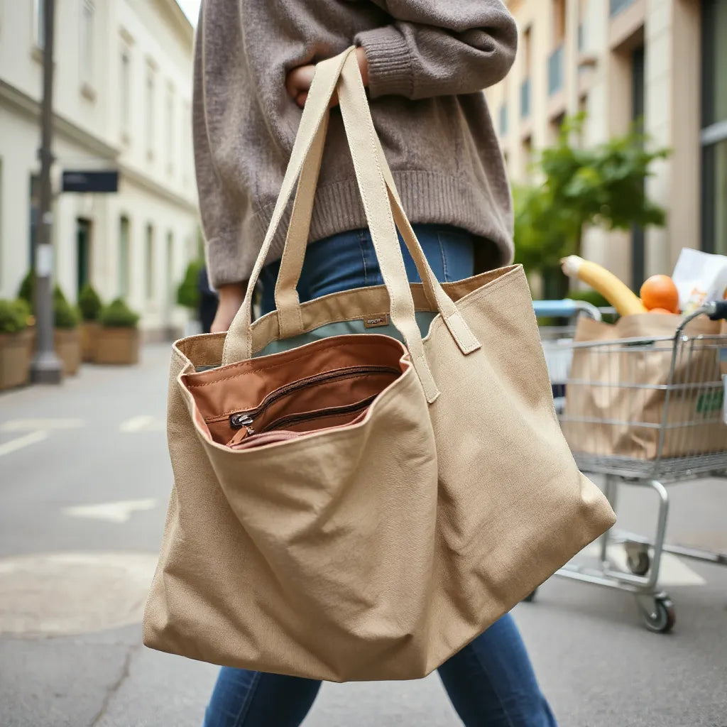 Person som bär hållbara shoppingväskor med tydliga handtag och organiserade fack i dagsljus