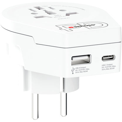 SKROSS - Reseadapter Världen till Europa USB-A/USB-C 20W Jordad