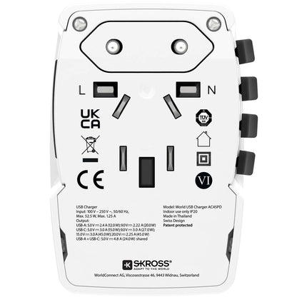 SKROSS  - Världsreseadapter PRO Light USB AC45PD World PD 45W Jordad