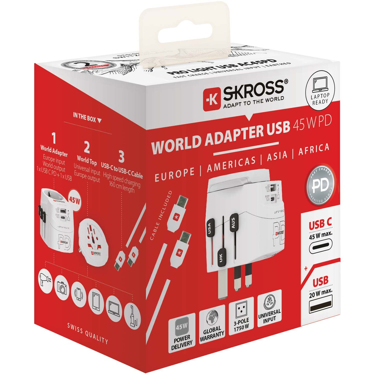 SKROSS  - Världsreseadapter PRO Light USB AC45PD World PD 45W Jordad