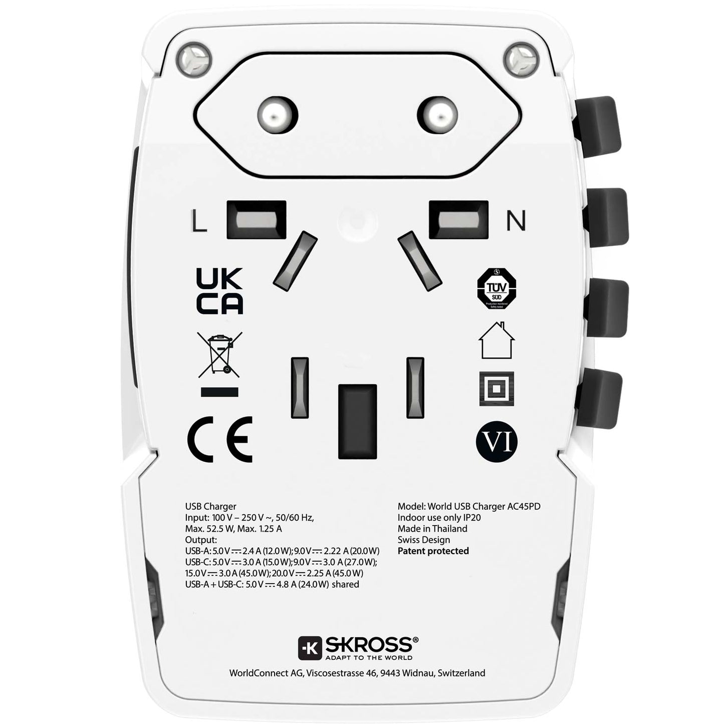 Världsreseladdare AC45PD USB-A+USB-C PD 45W Ojordad