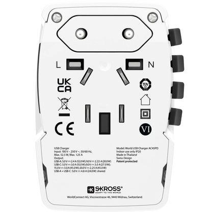 Världsreseladdare AC45PD USB-A+USB-C PD 45W Ojordad