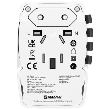 Världsreseladdare AC65PD World USB-A+USB-C PD 65W Jordad
