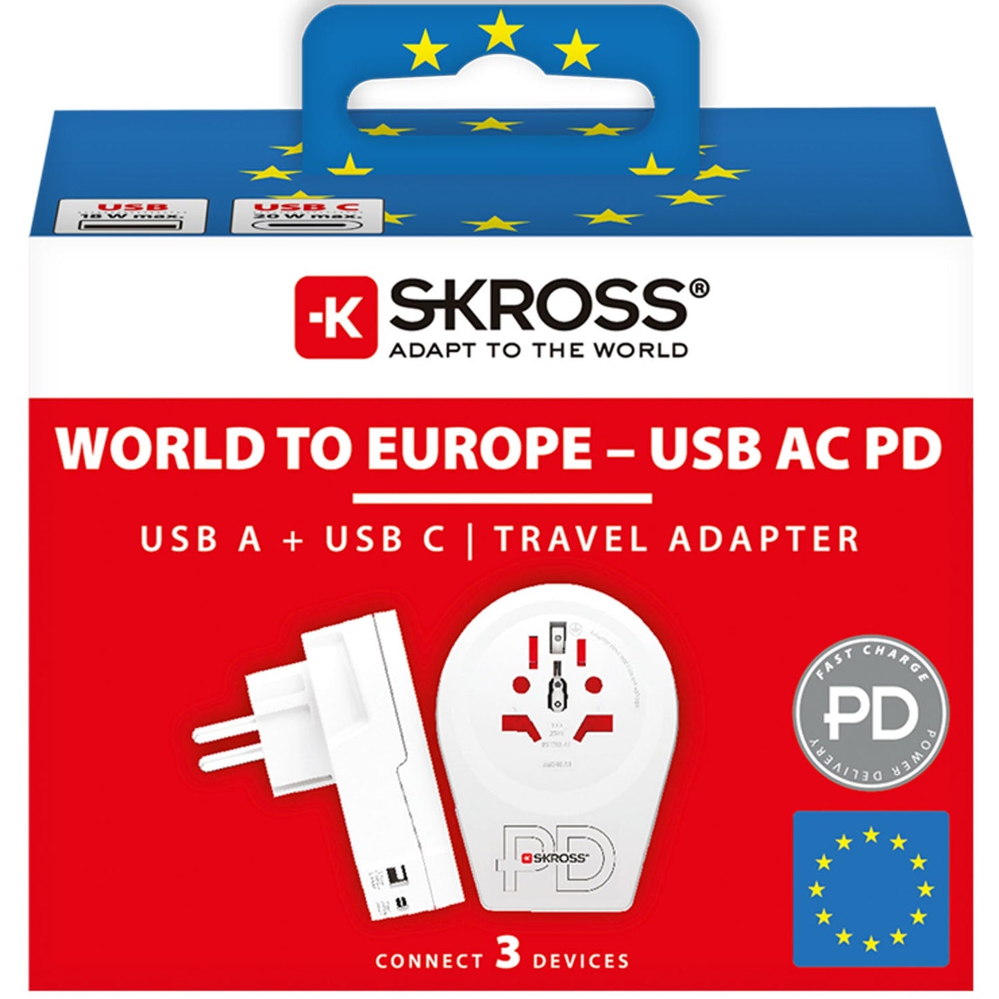 SKROSS - Reseadapter Världen till Europa USB-A/USB-C 20W Jordad