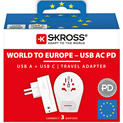 SKROSS - Reseadapter Världen till Europa USB-A/USB-C 20W Jordad