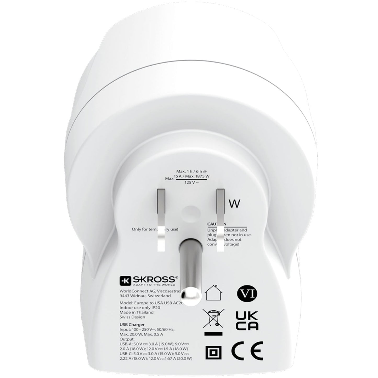 SKROSS - Reseadapter Europa till USA m.fl. USB-A/USB-C 20W PD Jordad