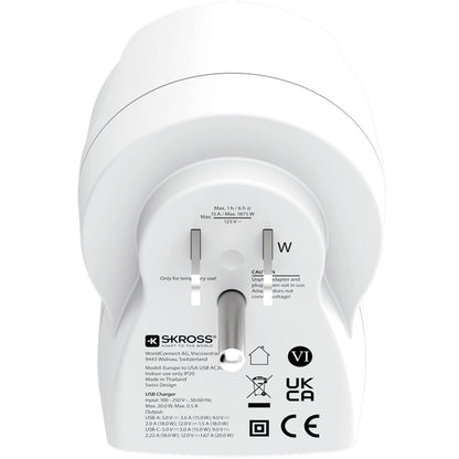SKROSS - Reseadapter Europa till USA m.fl. USB-A/USB-C 20W PD Jordad