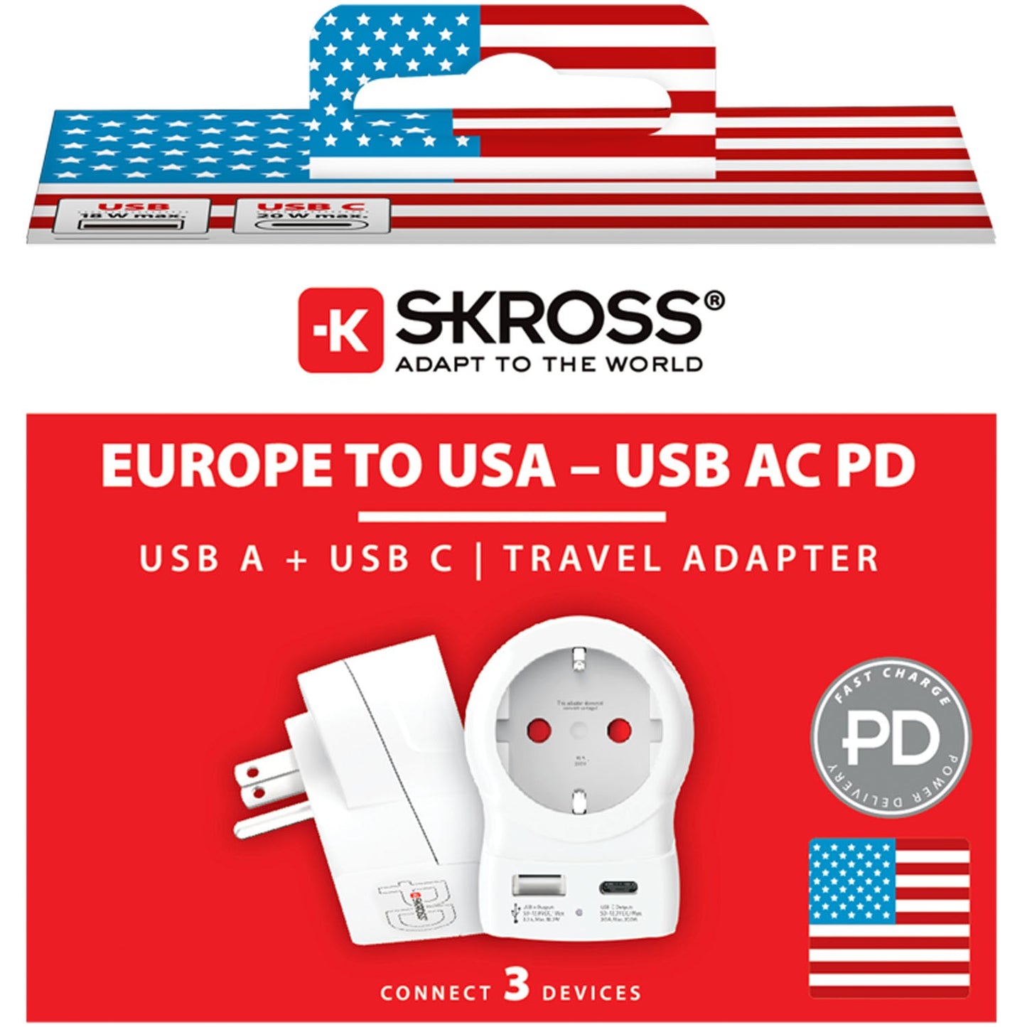 SKROSS - Reseadapter Europa till USA m.fl. USB-A/USB-C 20W PD Jordad