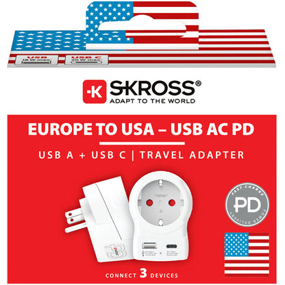 SKROSS - Reseadapter Europa till USA m.fl. USB-A/USB-C 20W PD Jordad