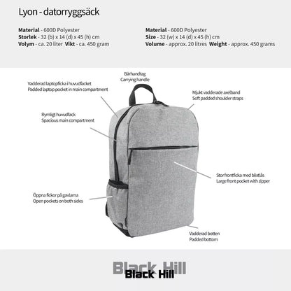 Black Hill Lyon – Datorryggsäck 15,6 - Grå Melange