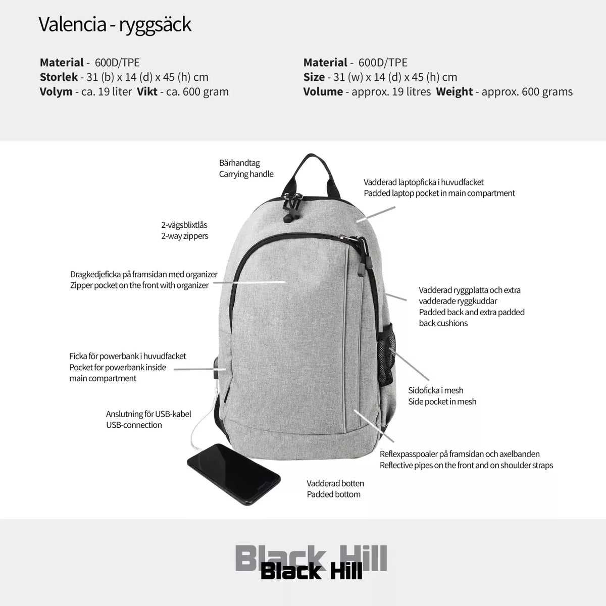 Black Hill Valencia – Datorryggsäck 19L - Grå Melange